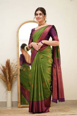 pure mehendi self design silk cotton saree with unstitched blouse 1