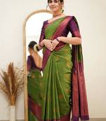 pure mehendi  self design silk cotton bollywood saree with unstitched blouse