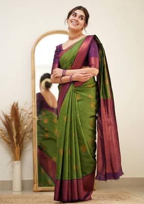 pure mehendi self design silk cotton saree with unstitched blouse 2