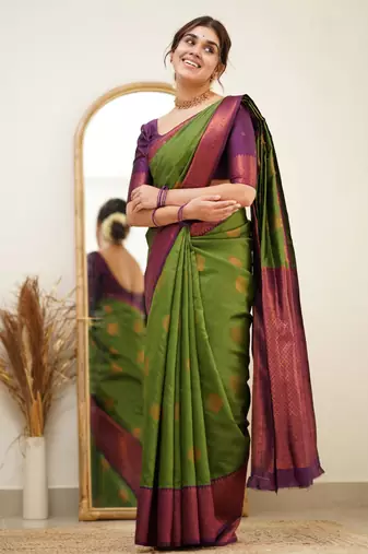pure mehendi self design silk cotton saree with unstitched blouse