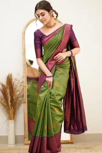 pure mehendi self design silk cotton saree with unstitched blouse