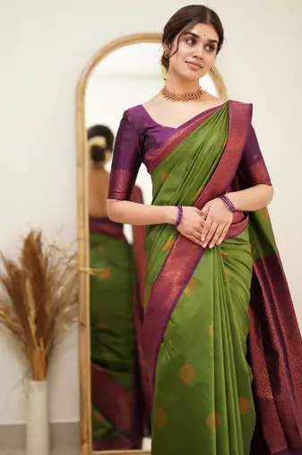 pure mehendi self design silk cotton saree with unstitched blouse