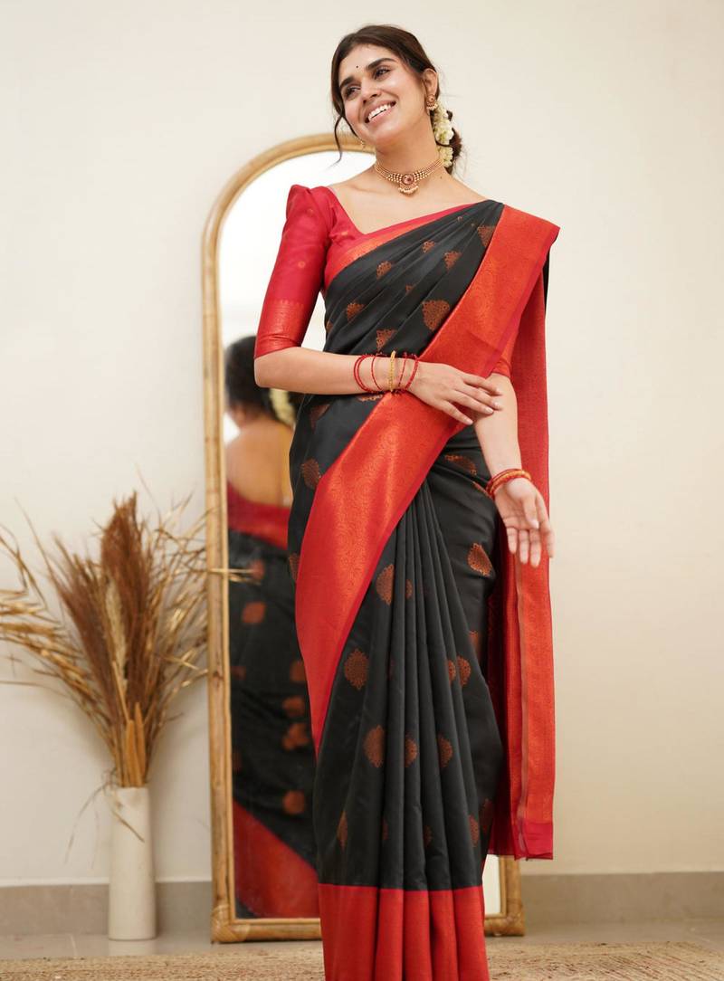 light weight black self design south silk fancy saree with unstitched blouse