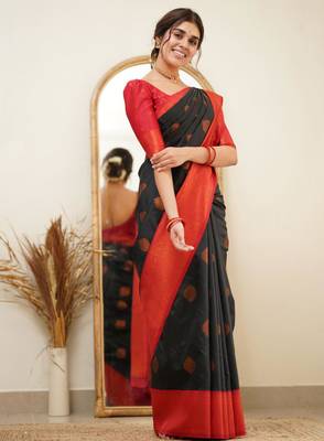 light weight black self design south silk fancy saree with unstitched blouse 2