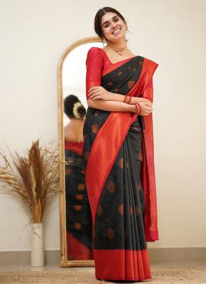 light weight black self design south silk fancy saree with unstitched blouse 3