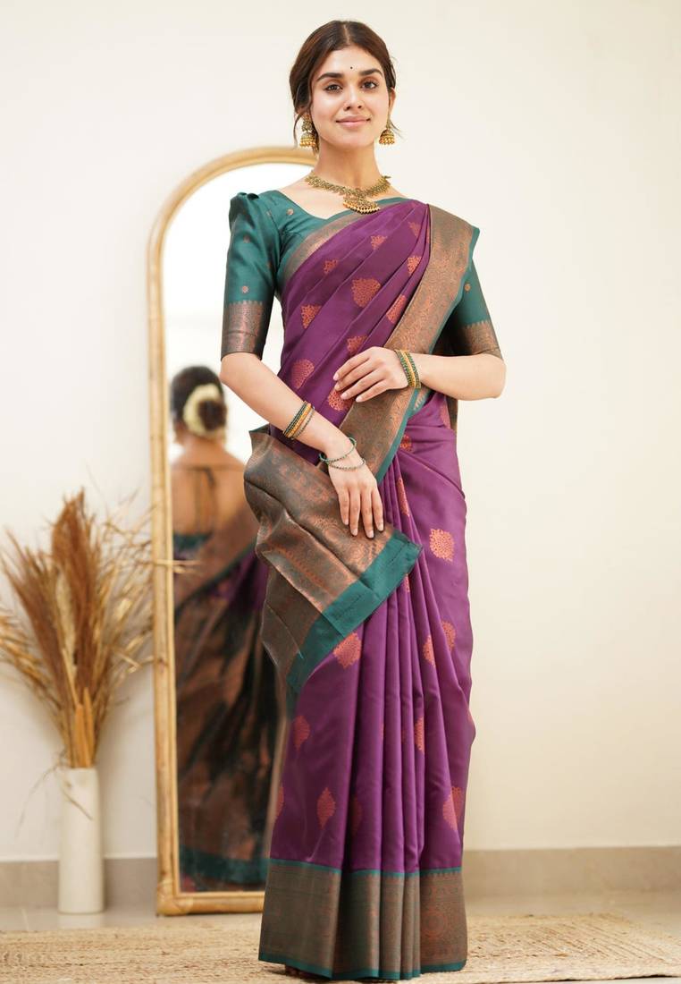 fashionable purple woven pure art silk gift saree with unstitched blouse