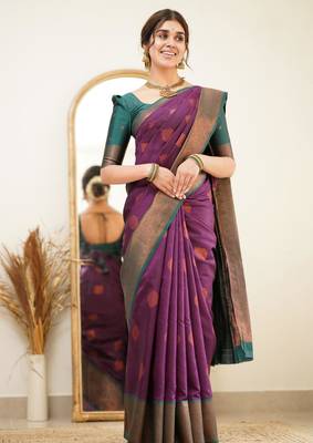 fashionable purple woven pure art silk gift saree with unstitched blouse 2