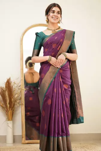 fashionable purple woven pure art silk gift saree with unstitched blouse