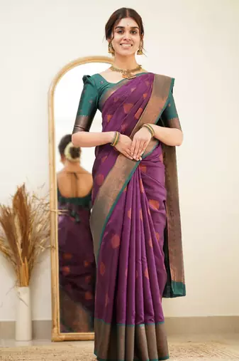 fashionable purple woven pure art silk gift saree with unstitched blouse