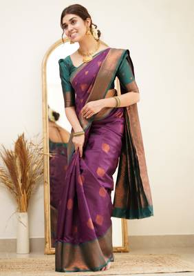 fashionable purple woven pure art silk gift saree with unstitched blouse 4