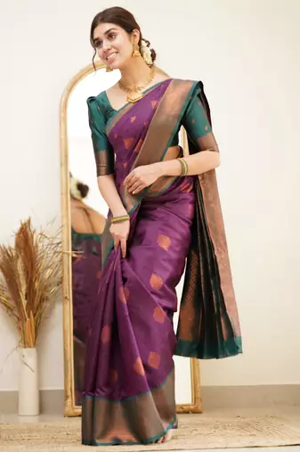 fashionable purple woven pure art silk gift saree with unstitched blouse