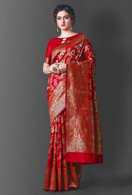  red resham thread cotton silk kerala saree with unstitched blouse 1