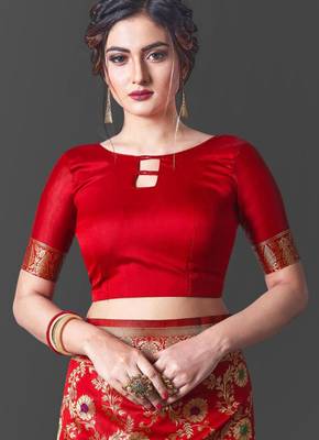 red resham thread cotton silk kerala saree with unstitched blouse 2