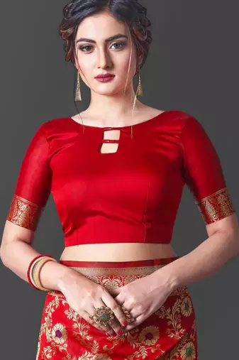  red resham thread cotton silk kerala saree with unstitched blouse
