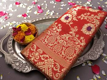  red resham thread cotton silk kerala saree with unstitched blouse 3