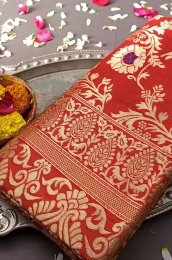  red resham thread cotton silk kerala saree with unstitched blouse