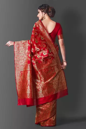 red resham thread cotton silk kerala saree with unstitched blouse
