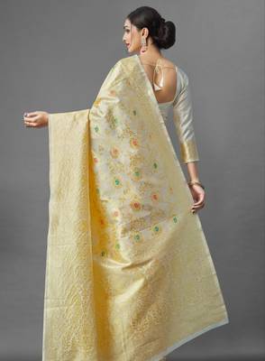 soft cream banarasi art silk blend light weight saree with unstitched blouse 2