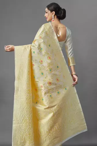 soft cream banarasi art silk blend light weight saree with unstitched blouse