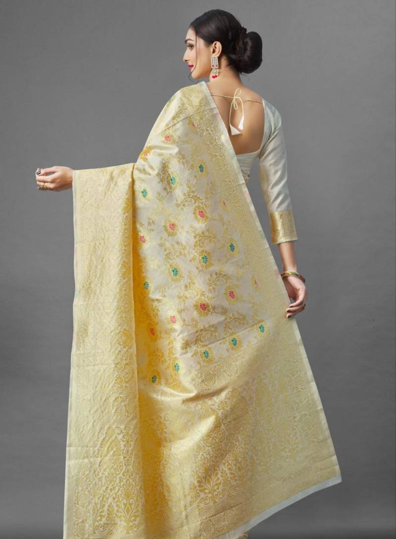 soft cream banarasi art silk blend light weight saree with unstitched blouse