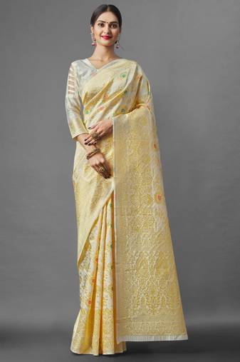 soft cream banarasi art silk blend light weight saree with unstitched blouse