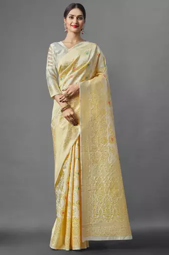 soft cream banarasi art silk blend light weight saree with unstitched blouse