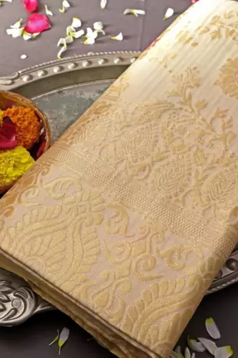 soft cream banarasi art silk blend light weight saree with unstitched blouse