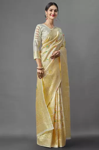soft cream banarasi art silk blend light weight saree with unstitched blouse