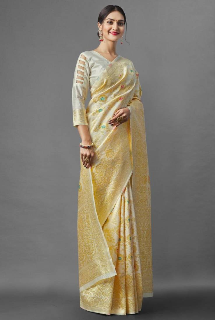 soft cream banarasi art silk blend light weight saree with unstitched blouse