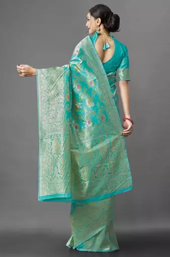  sea green self design pure art silk blend multicolor saree with unstitched blouse