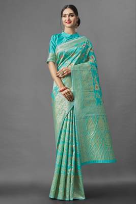  sea green self design pure art silk blend multicolor saree with unstitched blouse 3