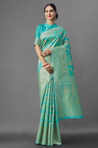  sea green self design pure art silk blend multicolor saree with unstitched blouse
