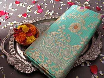  sea green self design pure art silk blend multicolor saree with unstitched blouse 4