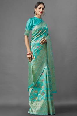  sea green self design pure art silk blend multicolor saree with unstitched blouse 1