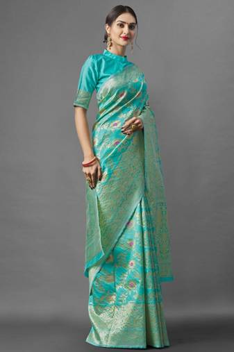 latest sea green  self design pure art silk blend multicolor saree with unstitched blouse