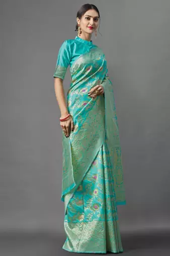 latest sea green  self design pure art silk blend multicolor saree with unstitched blouse
