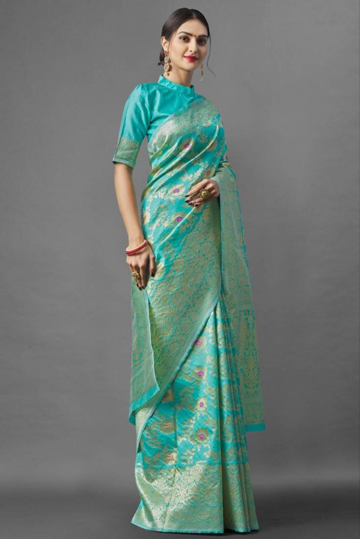 latest sea green  self design pure art silk blend multicolor saree with unstitched blouse