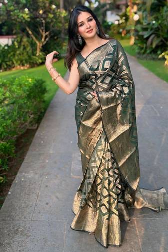 floral green woven silk cotton bollywood saree with unstitched blouse