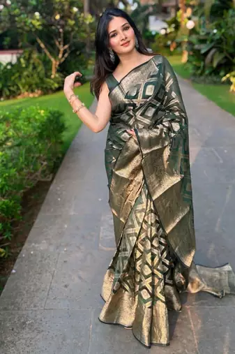 floral green woven silk cotton bollywood saree with unstitched blouse