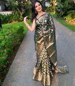 floral green woven silk cotton bollywood saree with unstitched blouse
