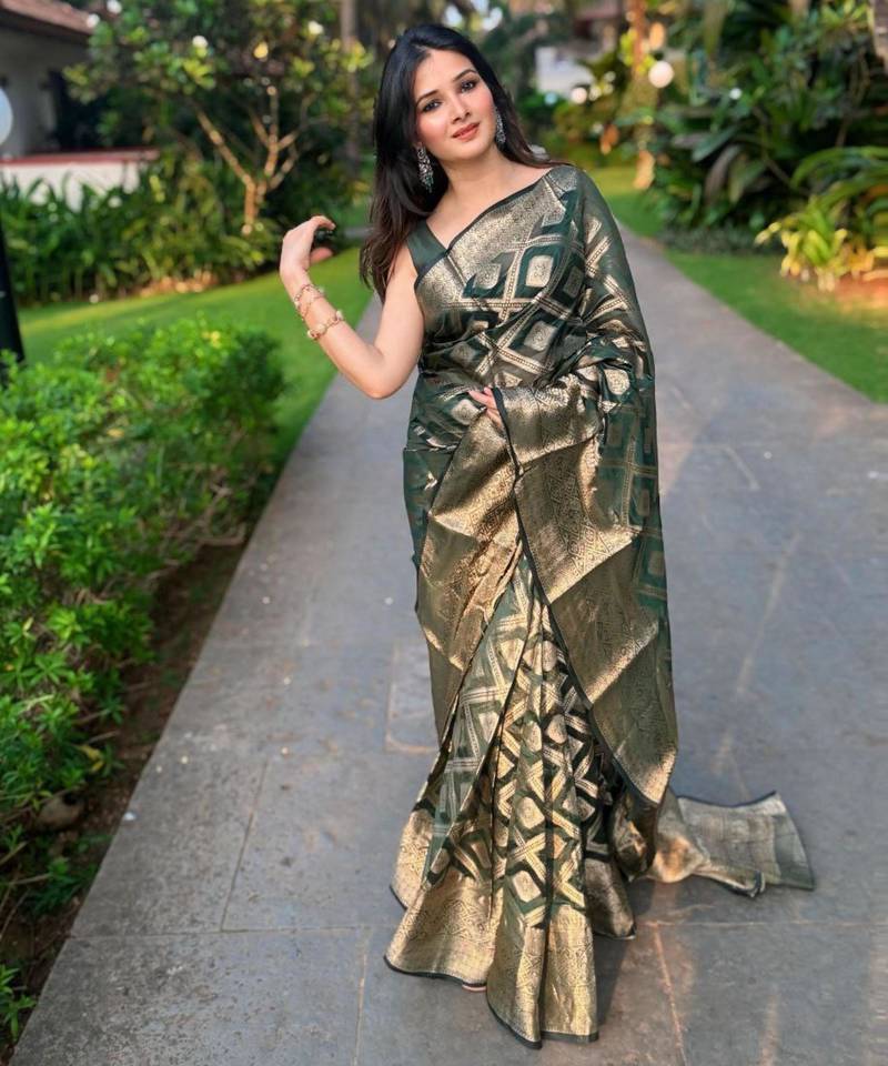 floral green woven silk cotton bollywood saree with unstitched blouse