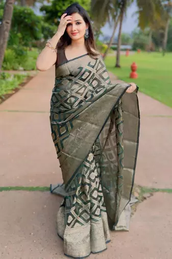 floral green woven silk cotton saree with unstitched blouse