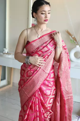 embellished hot pink jacquard south silk fancy saree with unstitched blouse