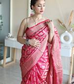 embellished hot pink jacquard south silk fancy saree with unstitched blouse