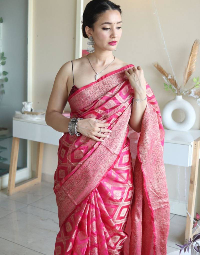embellished hot pink jacquard south silk fancy saree with unstitched blouse