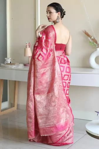 embellished hot pink jacquard south silk fancy saree with unstitched blouse