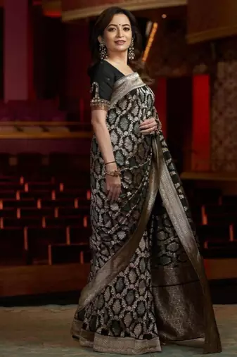 trendy black banarasi art silk jacquard saree with unstitched blouse