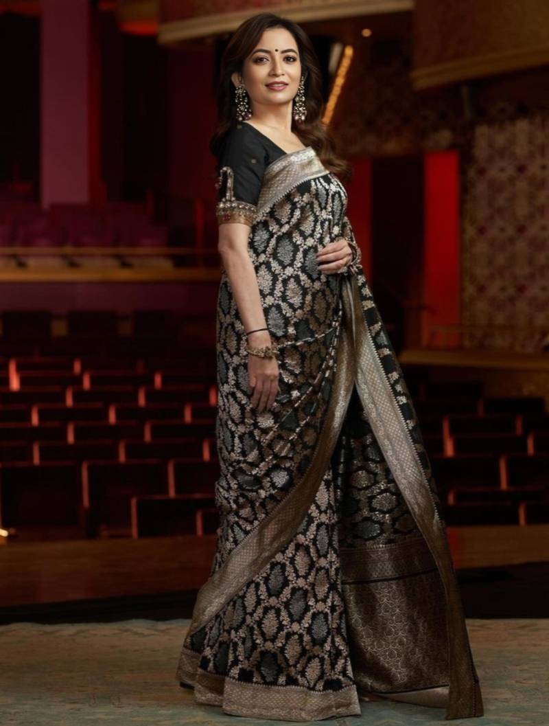 trendy black banarasi art silk jacquard saree with unstitched blouse
