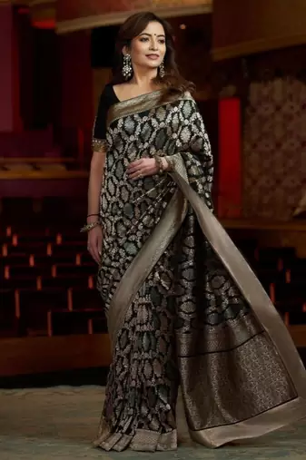  black banarasi art silk jacquard saree with unstitched blouse