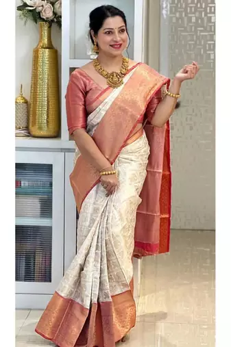 traditional cream  self design cotton silk kerala saree with unstitched blouse